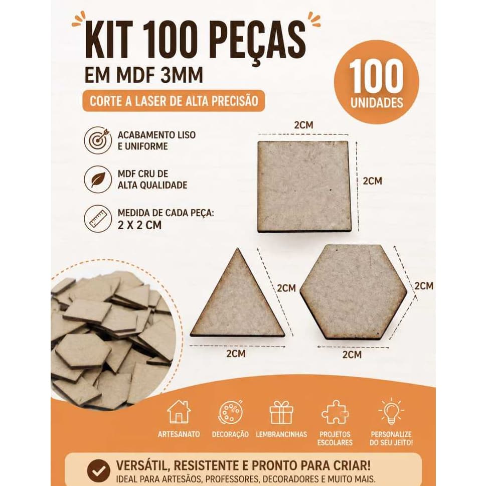 Recortes para artesanato, triângulo, hexágono e quadrado mdf 3mm kit com 100und.