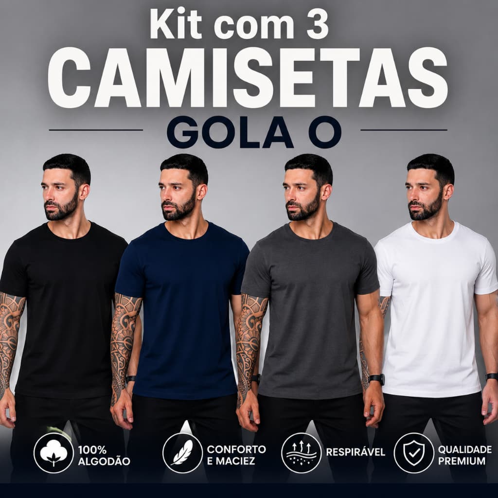 Kit com 3 Camisetas Masculinas Gola O 100% Algodão