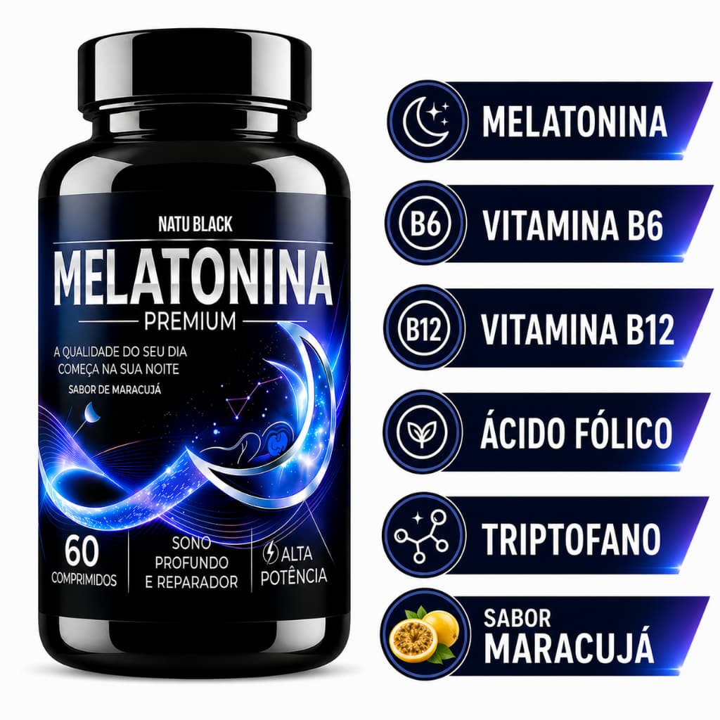 Melatonina com Vitamina B6 B12 Ácido Fólico Triptofano Sabor Maracujá Pote Para 02 Meses 1000mg