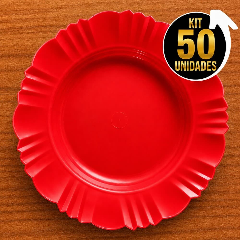 Kit 50 Pratos Fundos Redondos Vermelho Plástico com Borda Para Refeições