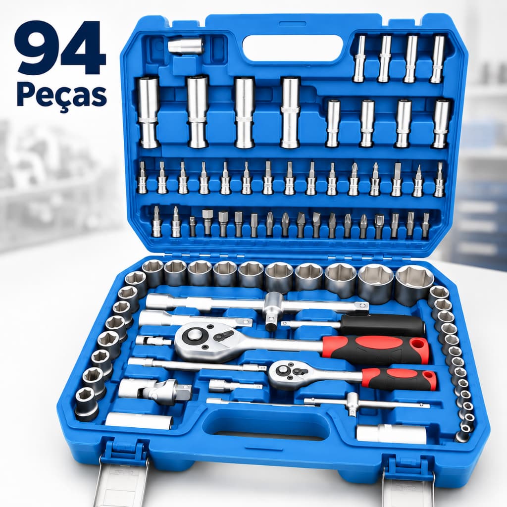 Kit Ferramentas 94 Peças Soquetes Catraca 1/2 1/4 Aço  Completo Automotivo