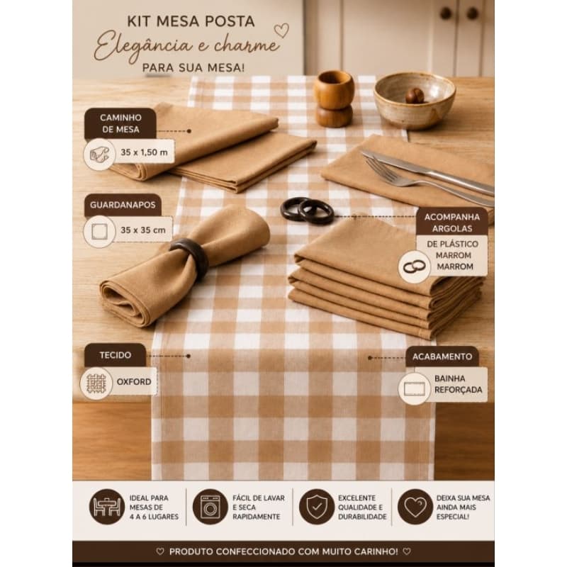 Kit Mesa Posta Caminho de Mesa Xadrez 35x1,50 + Guardanapos 35×35 Oxford com Argolas Marrom 6 Lugares