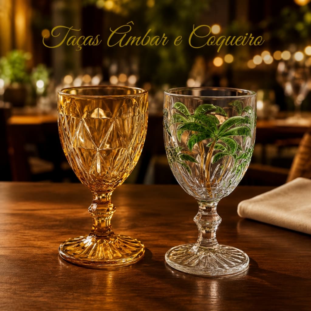 Conjunto 6 Taças de Vidro Diamond Ambar Coqueiro 330ml e 300ml Drink Vinho Suco Agua Bar Restaurante