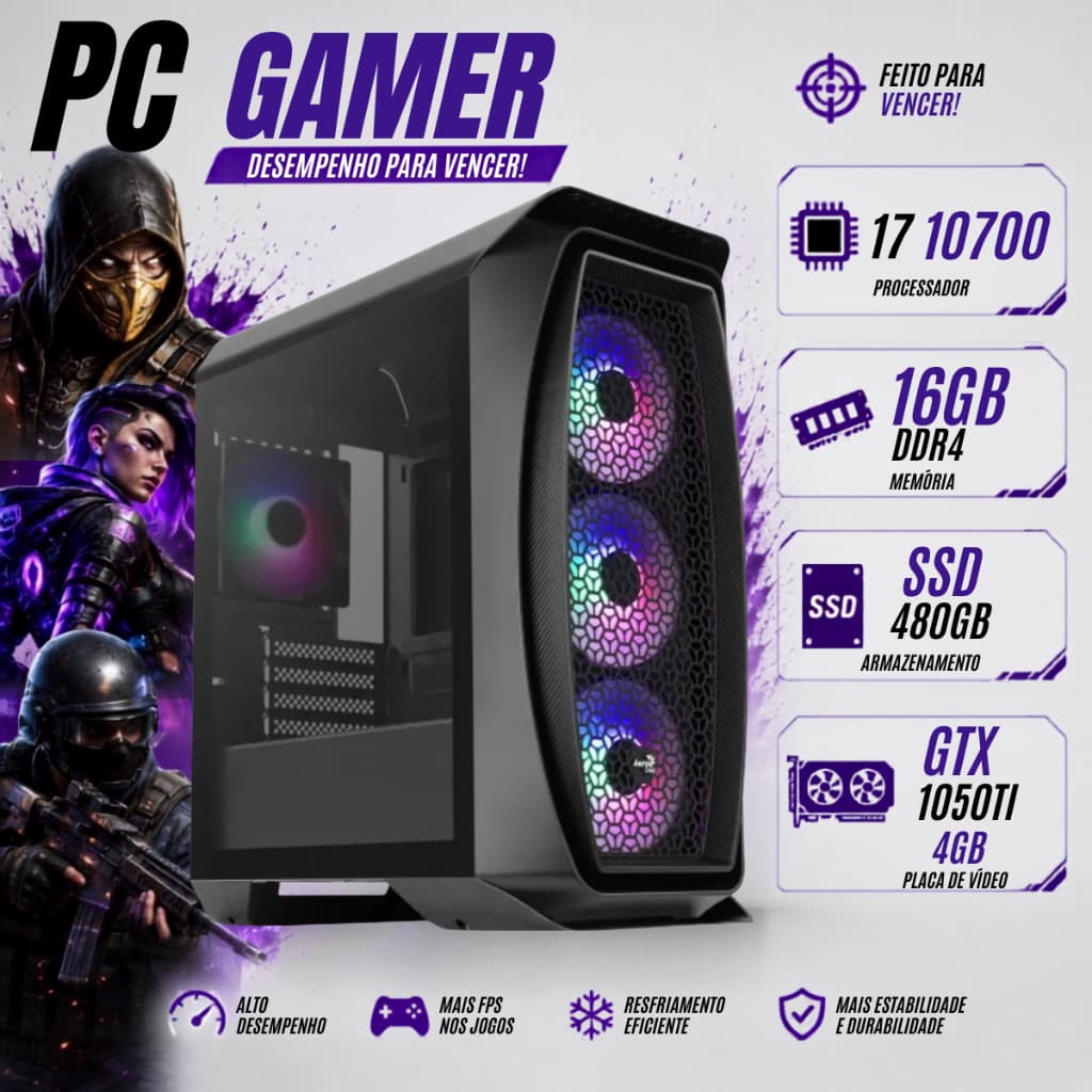 PC Cpu Intel core I7 10700 10ºth , 16GB DDr4, SSD 480GB+ GTX 4GB