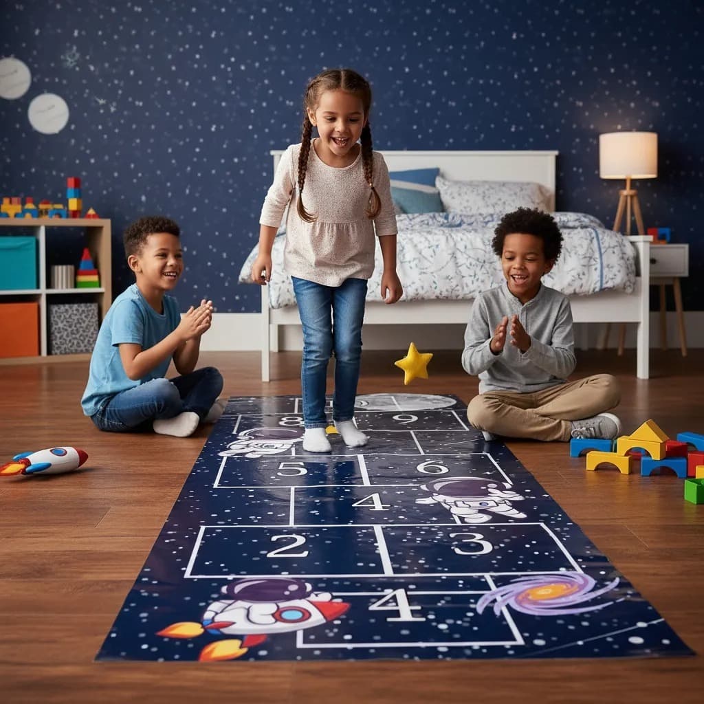 Adesivo de Chão Infantil Amarelinha Espaço Sideral Menino Astronauta Quarto Educativo 200x70cm