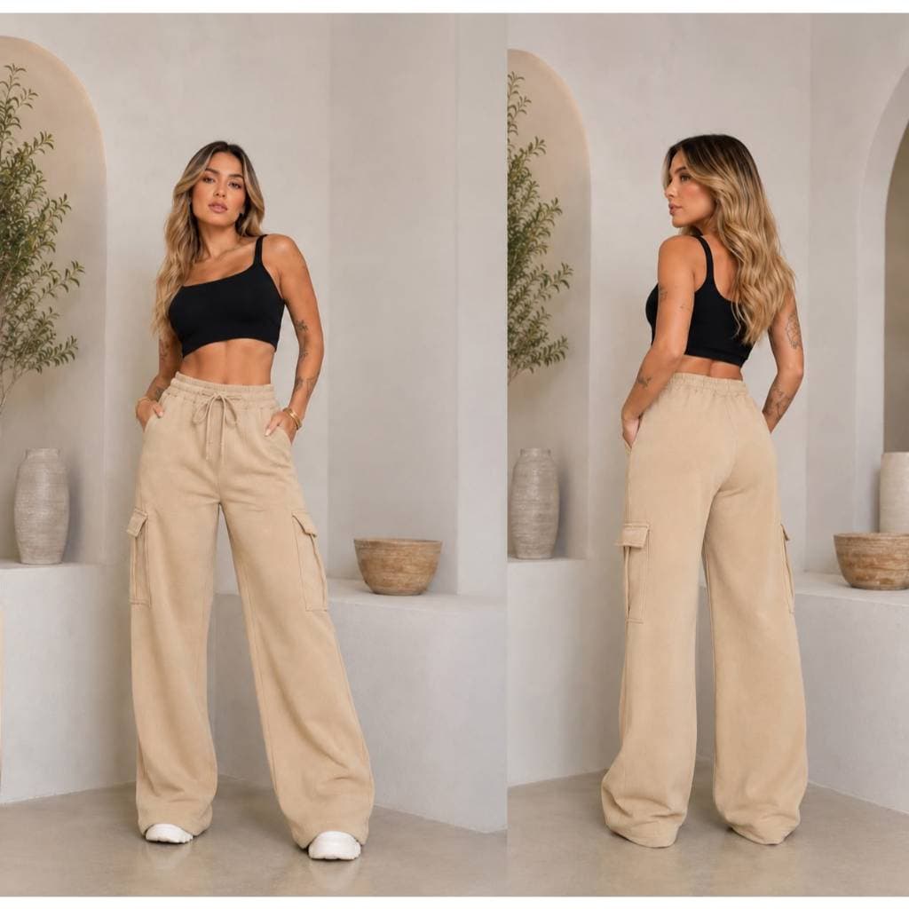 Calça Wide Leg Feminina Cintura Alta Pantalona Cargo
