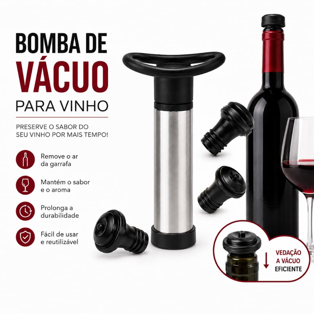 Kit Bomba De Vácuo Para Garrafa De Vinho Com 4 Tampa Rolhas