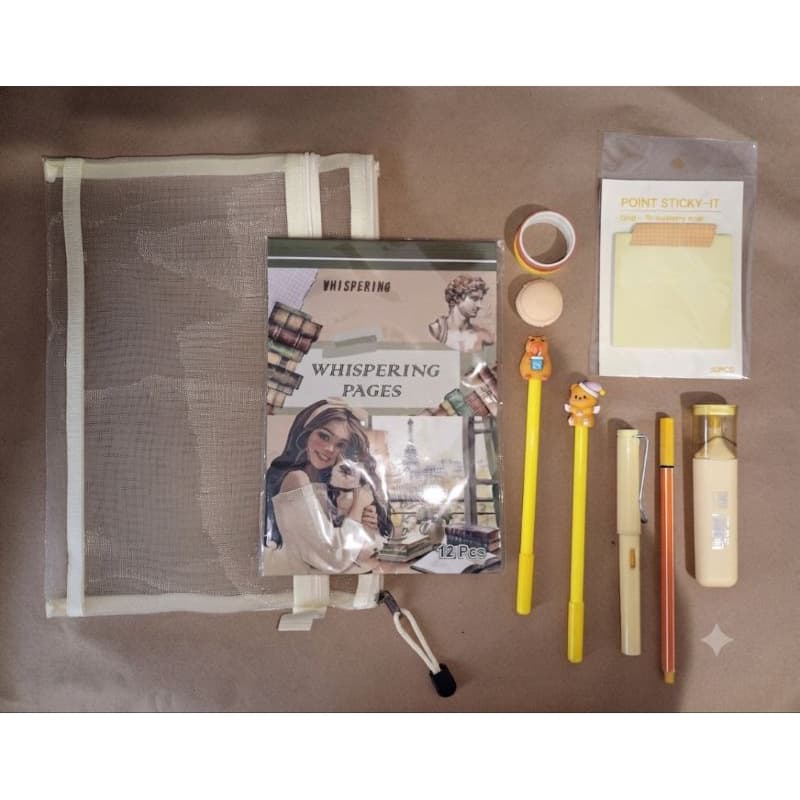 Kit Papelaria Vintage Aesthetic Estojo Transparente + Caderno de Adesivos + Washi Tape + Fine Line