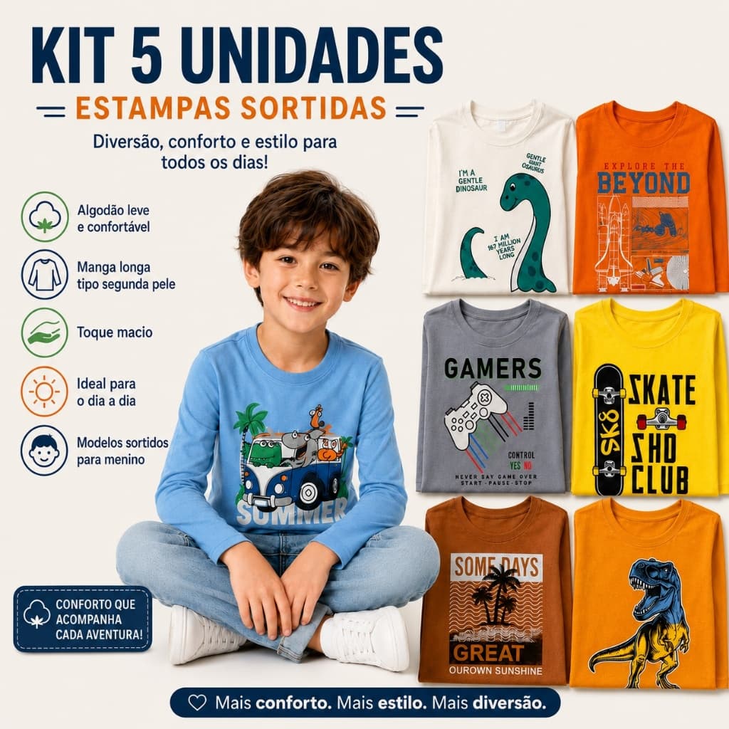 Kit 5 Camisetas Infantil Sortidos Desenho Manga Longa Menino Inverno 2 à 8 Anos