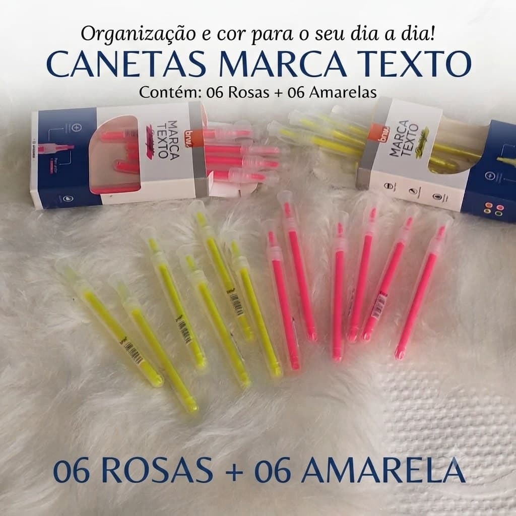 CANETA MARCA TEXTO KIT 6 AMARELA 6 ROSA PONTA CHANFRADA ESCRITA