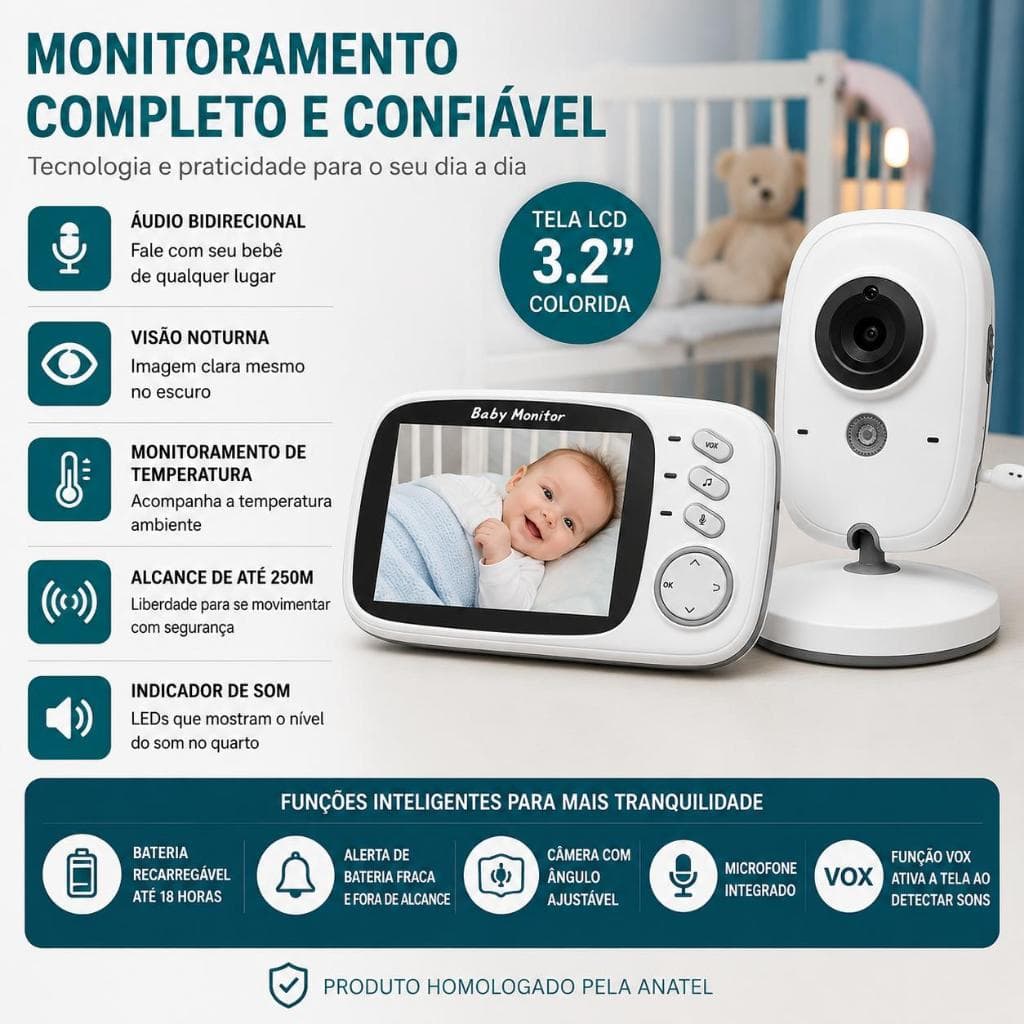Babá Eletrônica com Câmera LCD 3.2 Pol Visão Noturna VOX Áudio Bidirecional Alcance 250m Bivolt Anatel