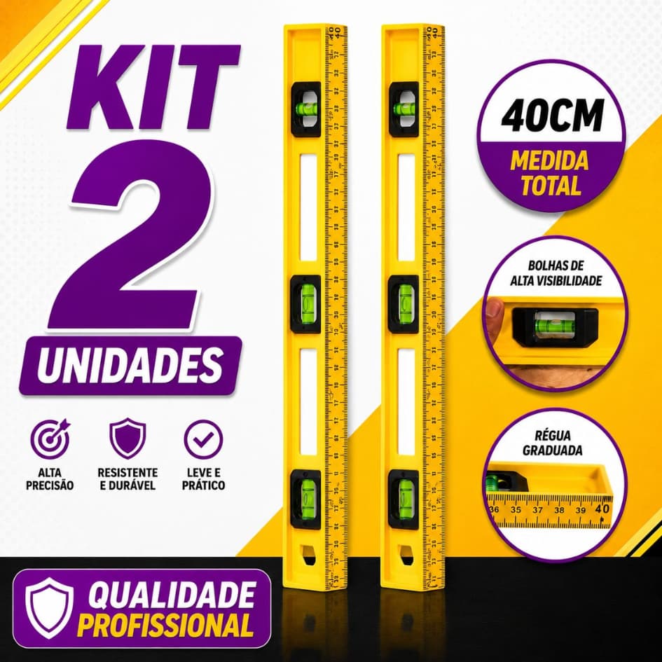 KIT 1,2 Nível em Alumínio 40cm 3 Bolhas Alta Precisão Régua Graduada Profissional Resistente para Construção