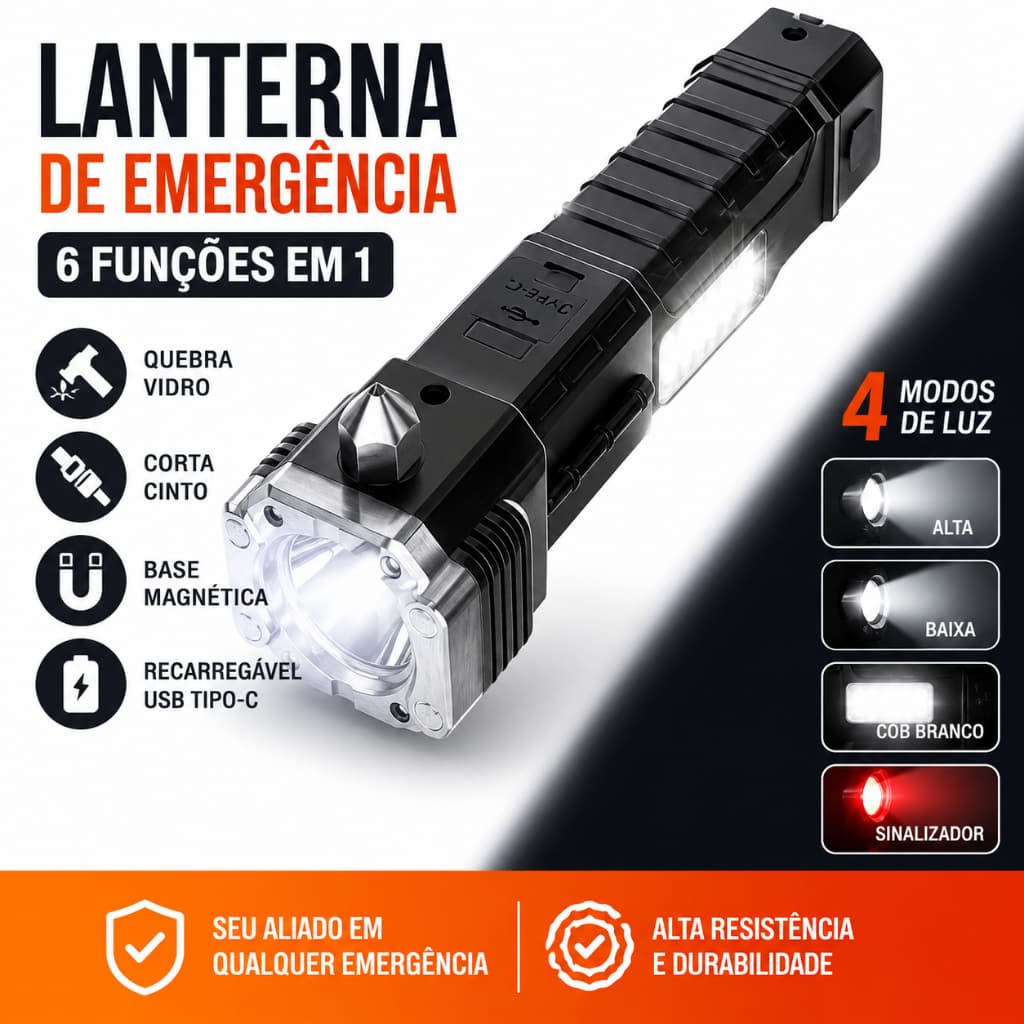 Lanterna LED Recarregável com Martelo Quebra Vidro e Cortador de Cinto Emergência Automotiva 2 em 1