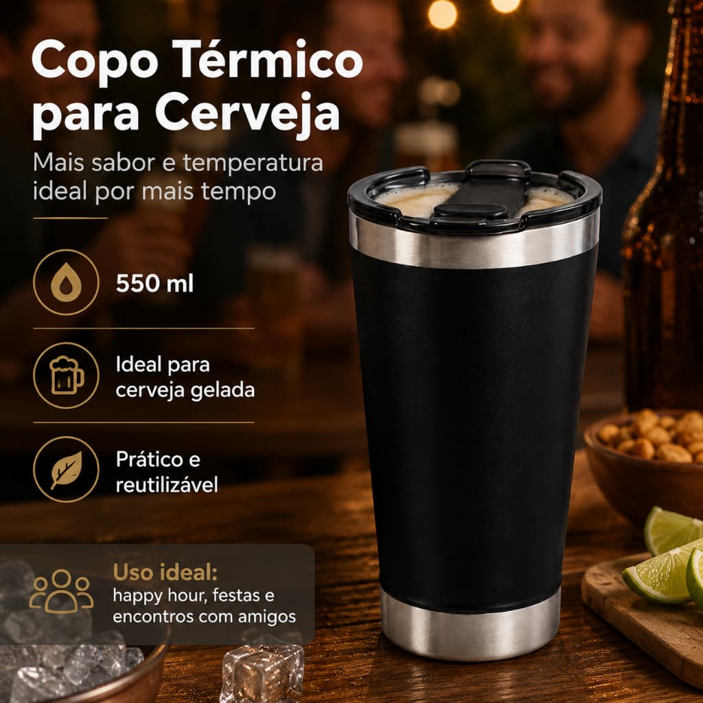 Copo Termico De Cerveja Inox C/ Tampa Preto 550ml - mantém as bebidas quentes ou frias.