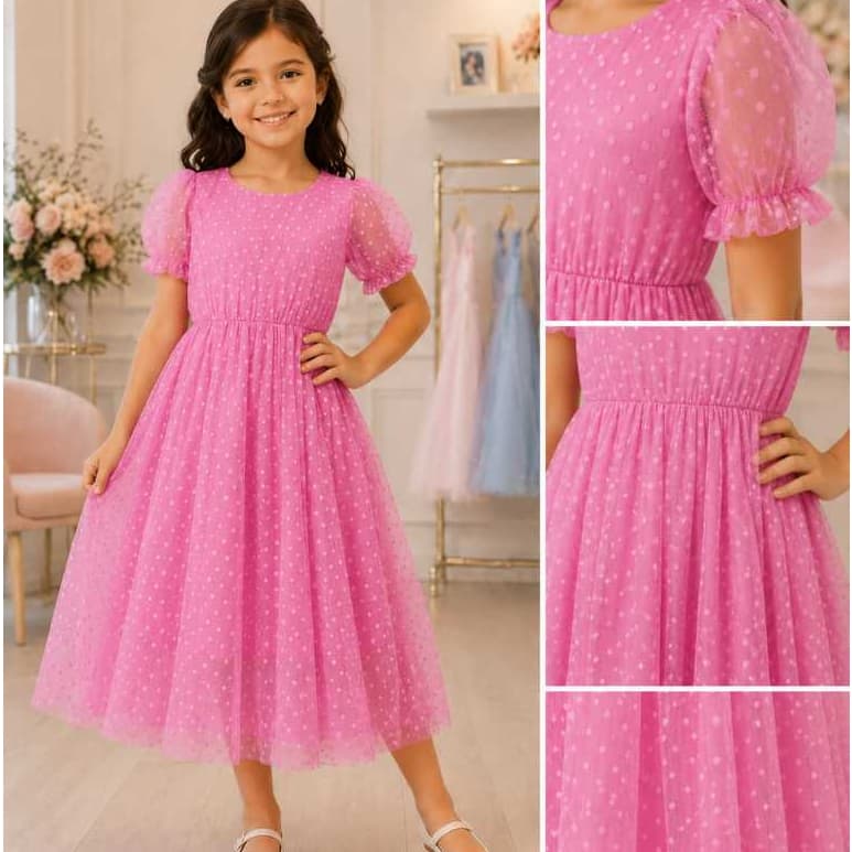 Vestido Infantil /pre adolecente em tule bolinha  forrado por dentro e elástico na cintura