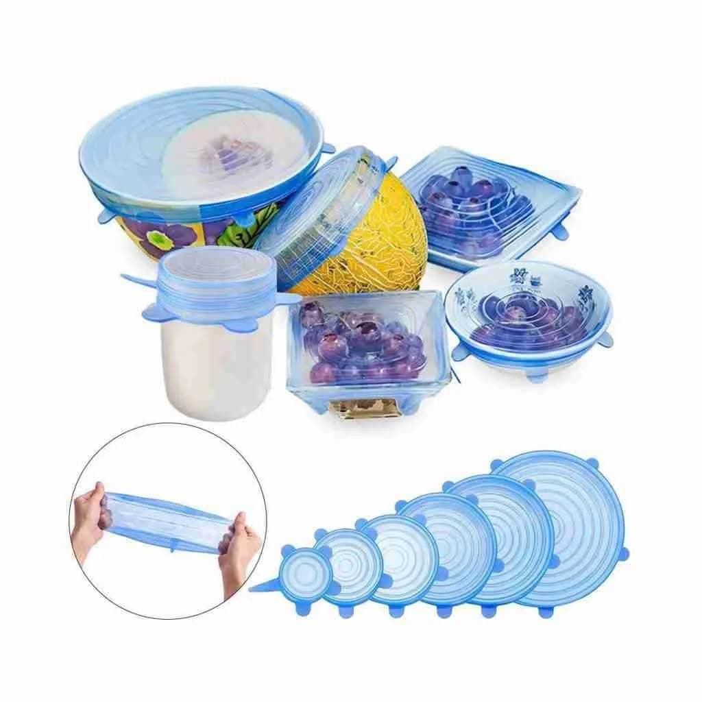 Kit Tampas de Silicone Universal 6 Peças Reutilizáveis para Potes, Tigelas, Copos e Frutas