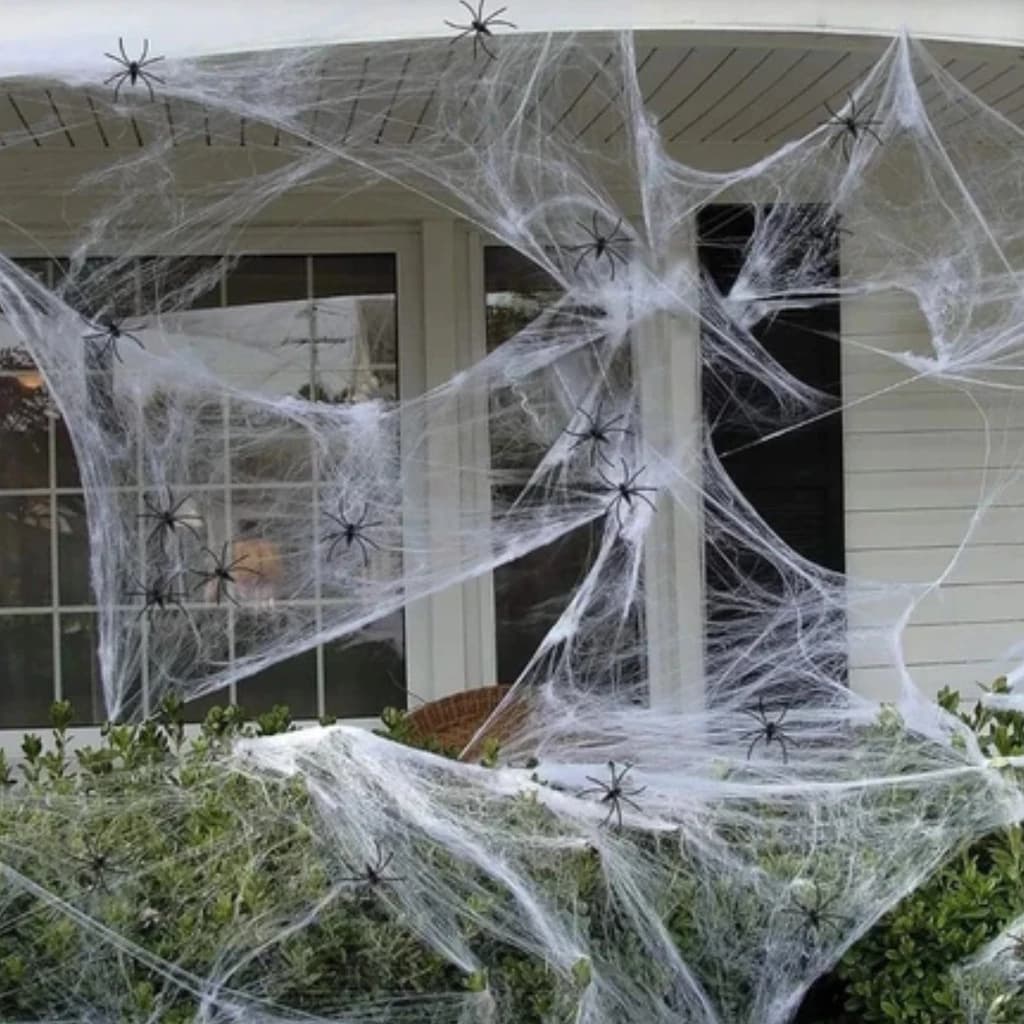 Teia de Aranha Artificial Branca Decoração Halloween com 2 Aranhas Realistas