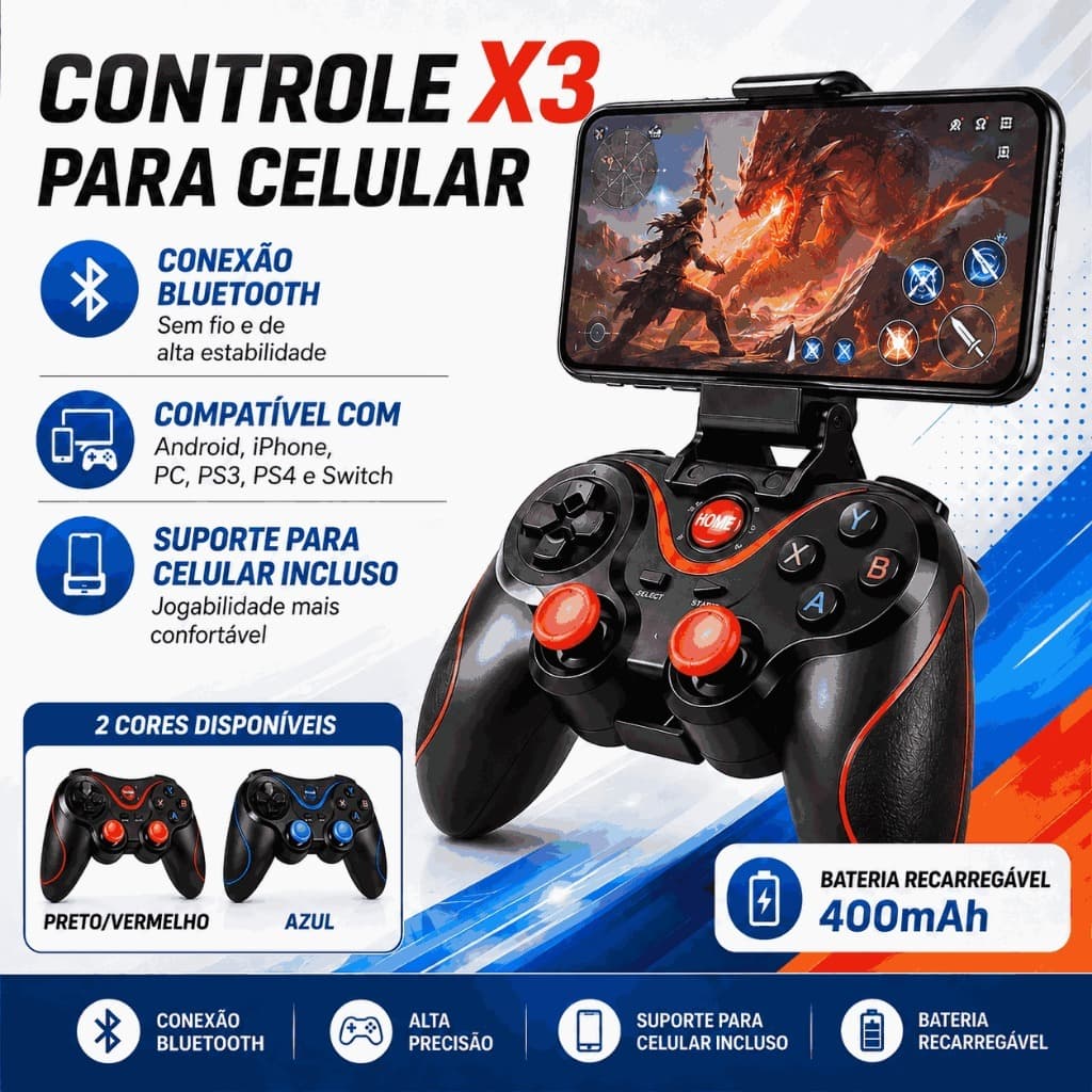 Controle Game X3 Bluetooth Android Ios PC TV=Controle X3 Sem Fio Joystick Android Ios Ps3 Pc Tv Wireless