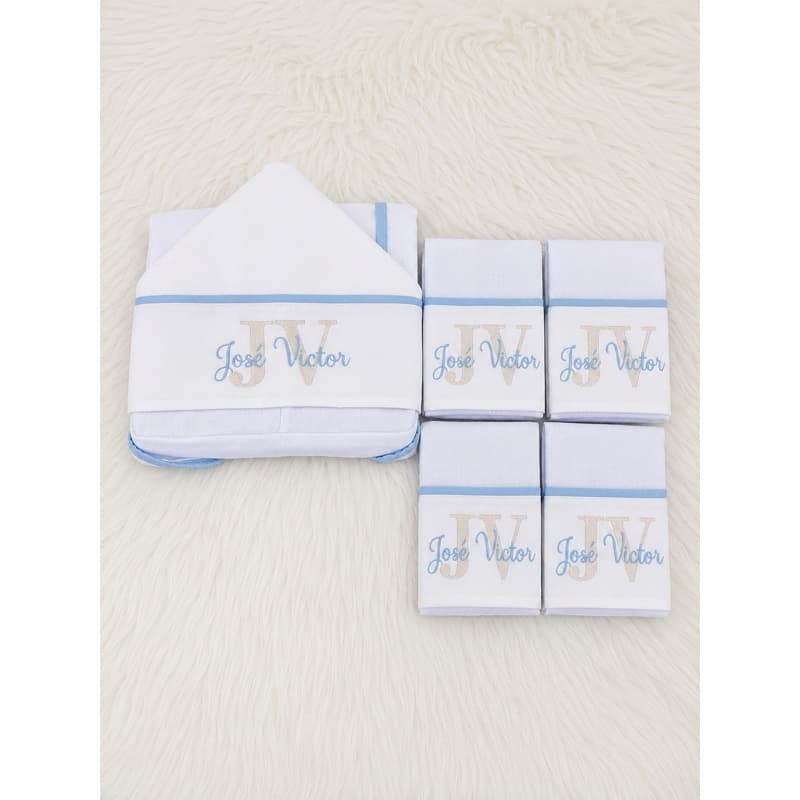 Kit Banho Bebê Personalizado | 1 Toalha Banho Fralda 80x100 + 4 Fraldas Passeio 50x70 | 100% Algodão