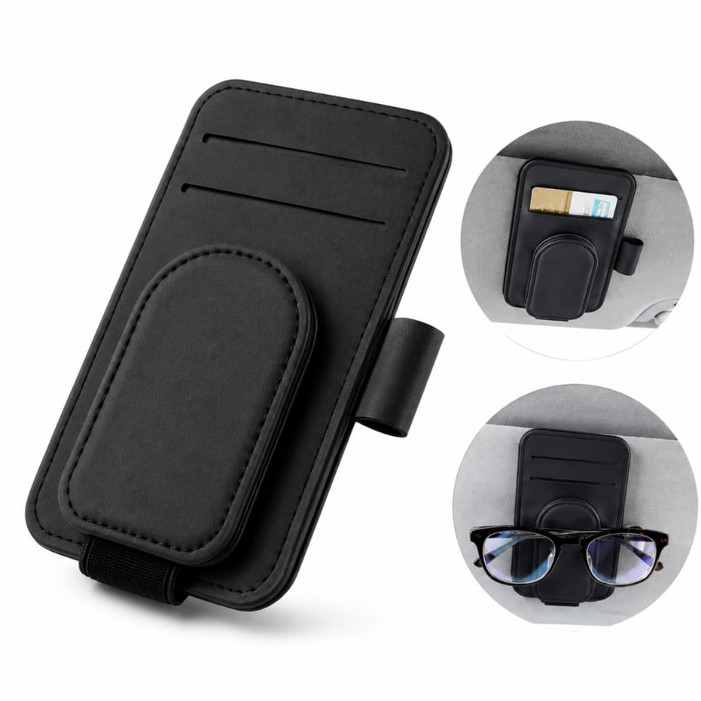 Suporte Porta Óculos Cartão Carro Quebra Sol Magnético Organizador Veicular PU Premium Universal