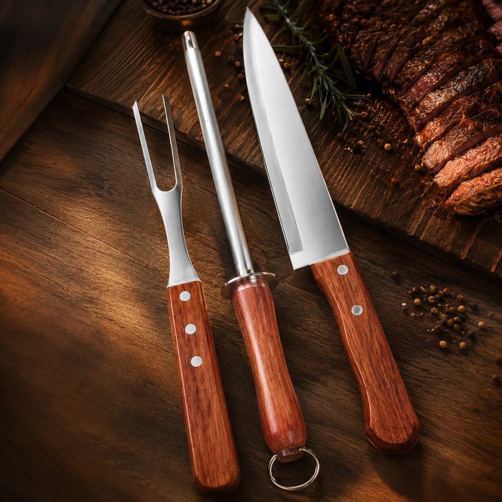 Kit Churrasco 3 Peças Faca Garfo Amolador Chaira Cabo Madeira Inox Churrasqueiro Conjunto Corte