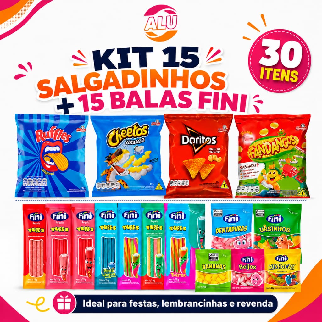 Kit Festa 15 Salgadinhos Elma Chips + 15 Balas Fini Sortidas 30 Unidades