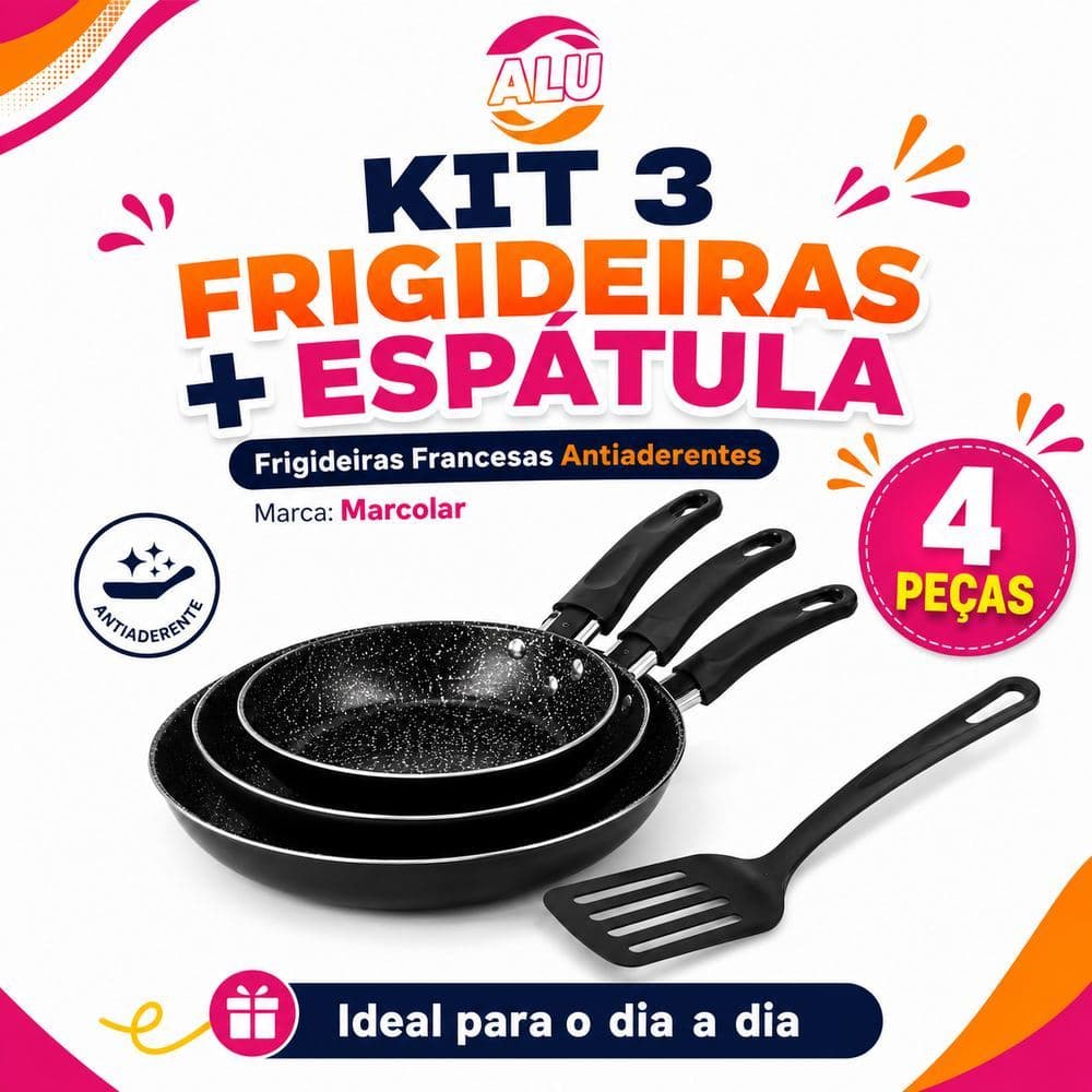 Kit 3 Frigideiras Antiaderentes Marcolar + Espátula 4 Peças Cozinha Dia a Dia
