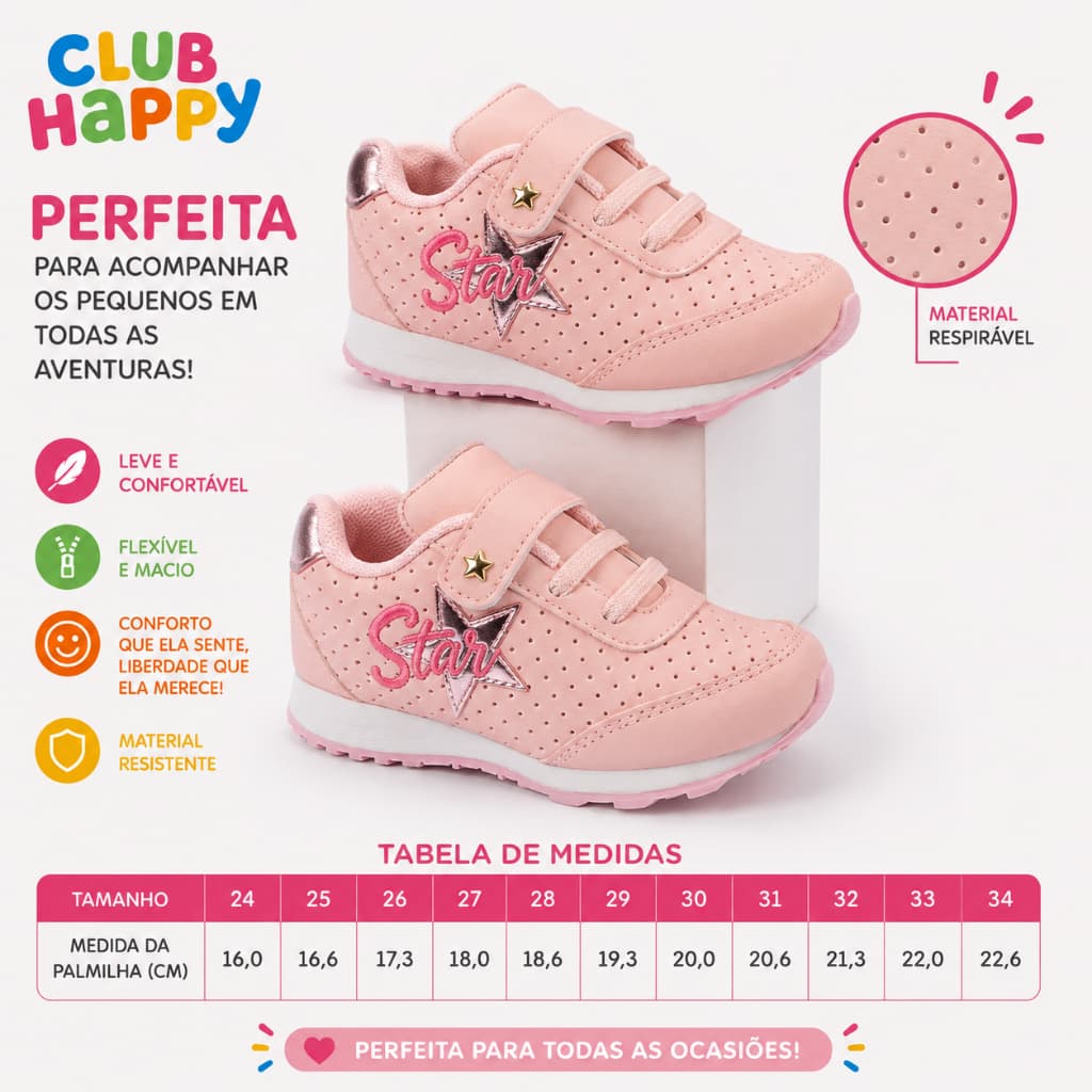 Tenis Infantil Feminino Menina Escolar Star Envio Rápido Club Happy