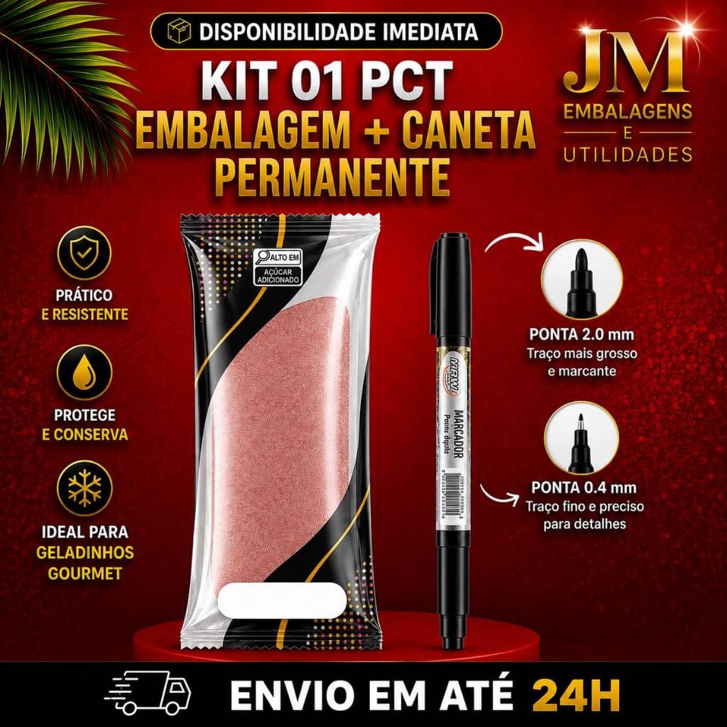 KIT 01 PACOTE EMBALAGEM+CANETA PERMANENTE PONTA DUPLA Embalagem higiênica p geladinho gourmet  7x19. KIT01 PCT+01CANETA