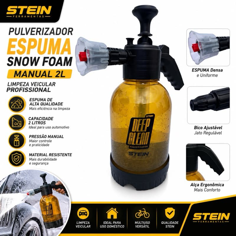 Pulverizador Manual Snow Foam Stein 2L Espumador para Lavagem Automotiva Canhão de Espuma Veicular Preto