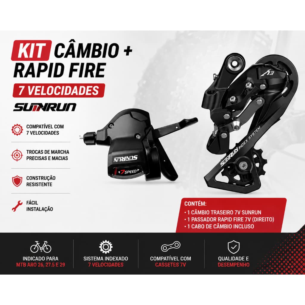 Kit Câmbio Traseiro 7 Velocidades + Passador Rapid Fire SunRun 7V MTB Bike