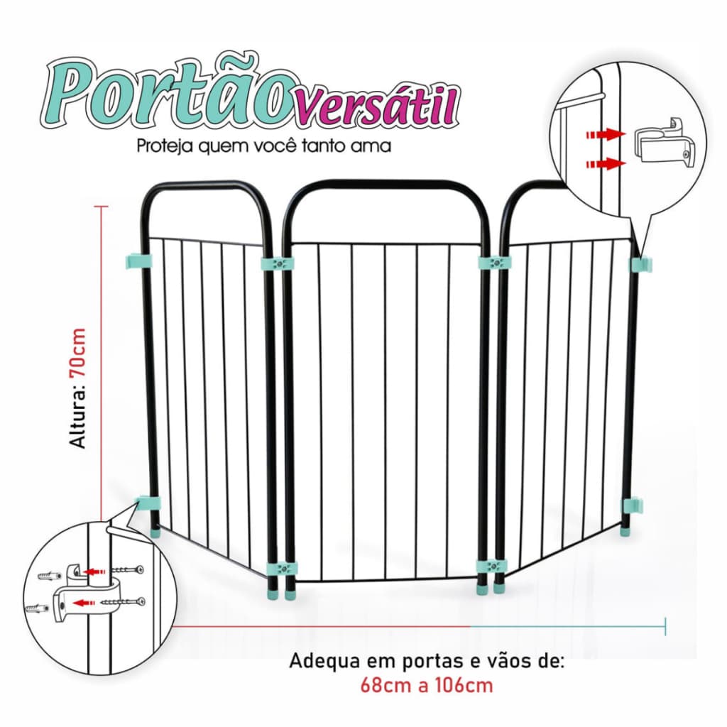 Portão Cercado Versátil Grade Dobrável 68 a 106cm Cercadinho Proteção Pets e Crianças