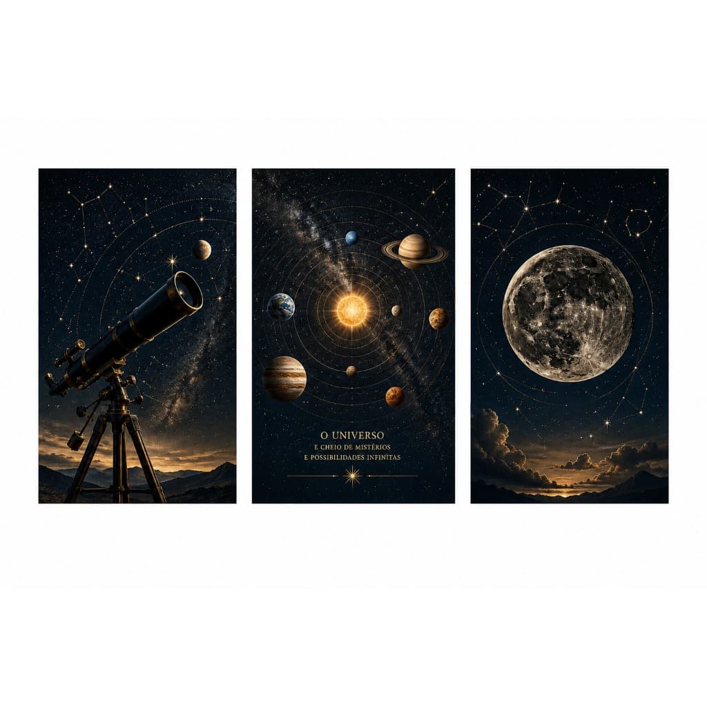 Quadro Decorativo Kit 3 Peças Universo Lua Planetas Telescópio Tríptico
