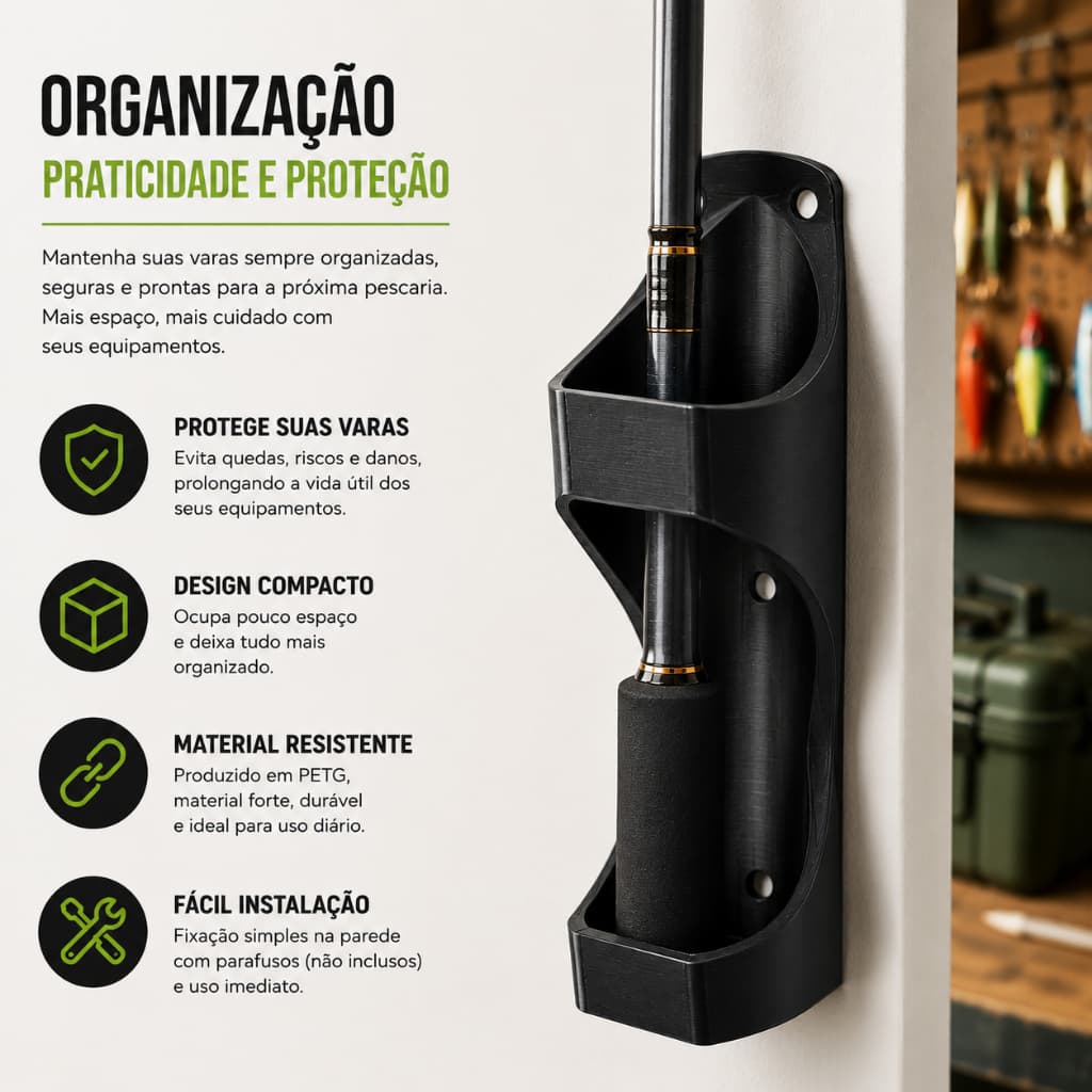 Suporte de Vara de Pesca para Parede Universal em petg Organizador para Qualquer Tamanho Preto