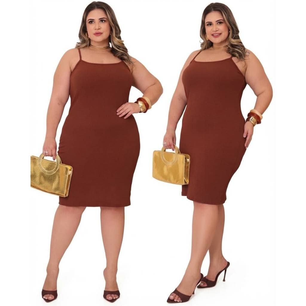 Vestido Midi Canelado Tubinho Plus Size Alça Fina Confortável Feminino Tendência