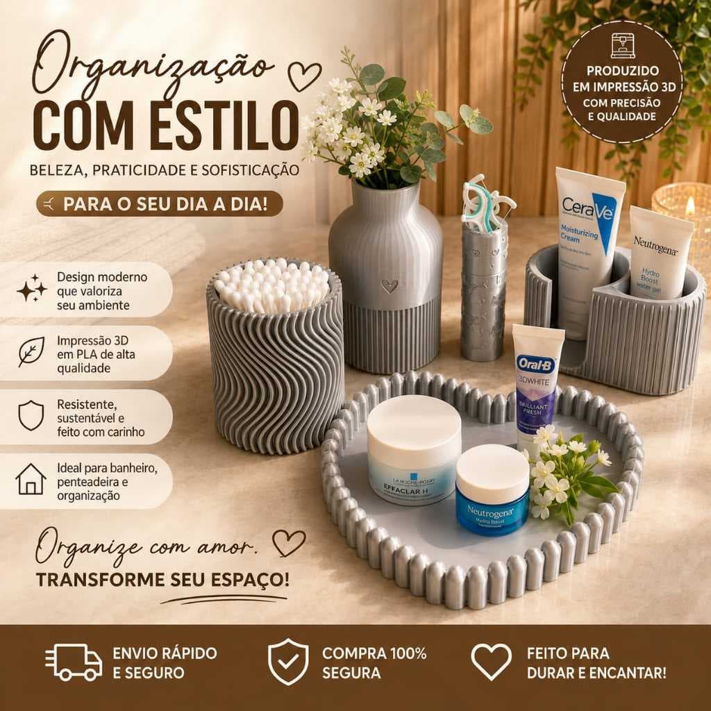 Kit Organizador para Banheiro e Lavabo | Porta Cotonete, Porta Escova de Dentes, Vaso Decorativo, Bandeja e Organizador