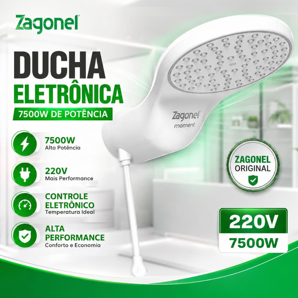 ucha Eletrônica 7500W 220V Zagonel Moment Chuveiro Elétrico Original Branco