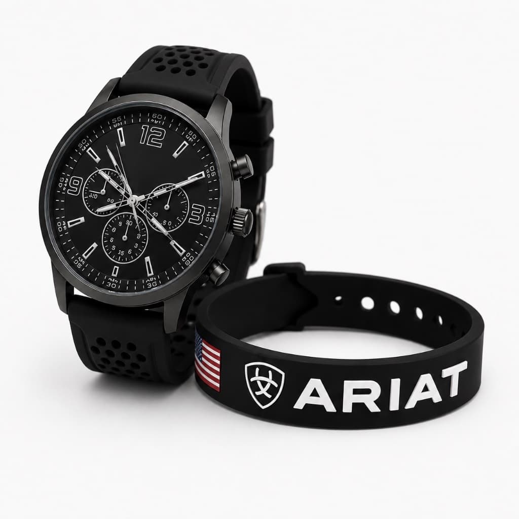 Kit Relógio Analógico Preto + Pulseira Country Ariat Silicone Cowboy Rodeio Unissex Masculino Feminino Esportivo