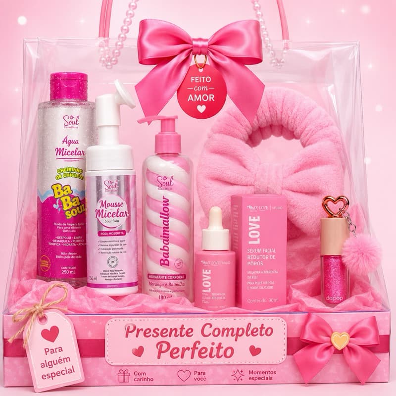 Kit Presente Infantil Skincare Completo Menina 7 Itens Gloss Faixa Spa Sérum Mousse Micelar Sabonetes