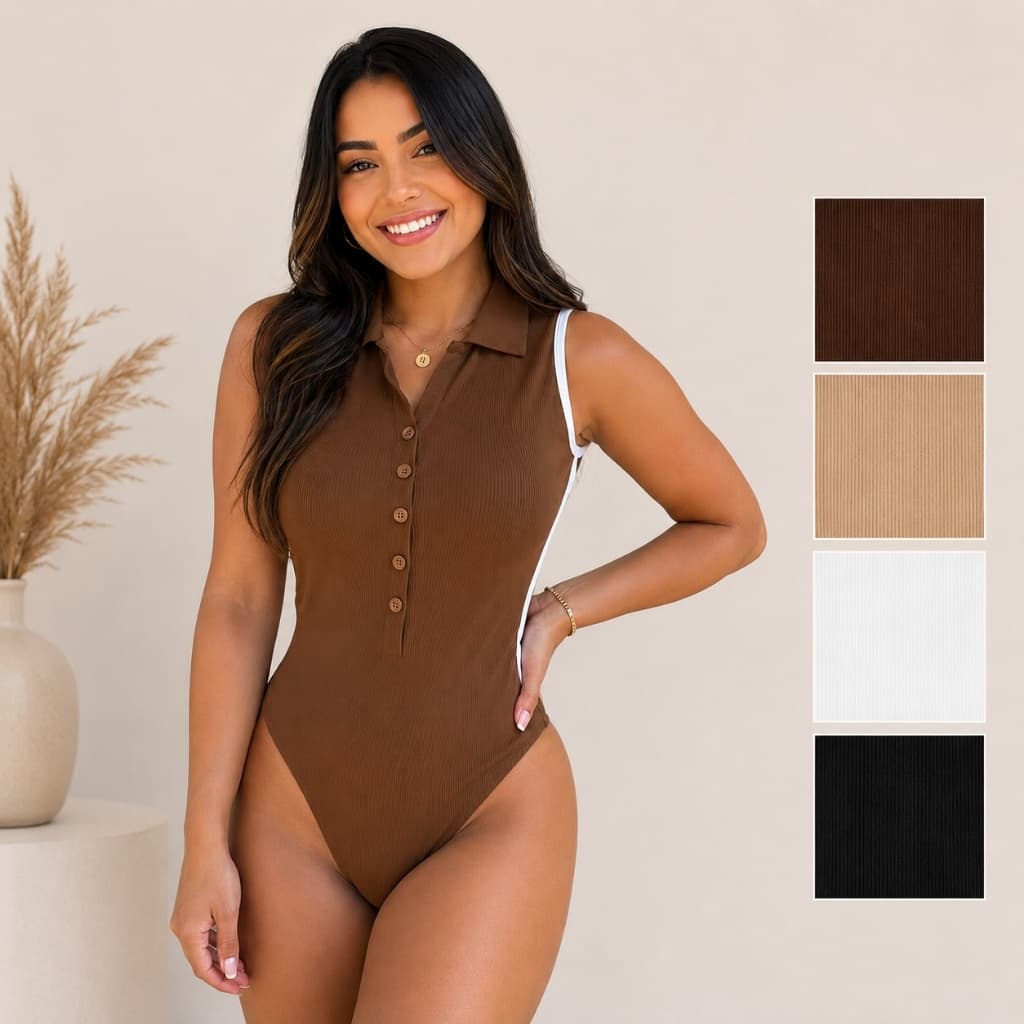 Body Feminino Gola Polo Canelado Feminino Sem Manga Moda Casual Elegante Tamanho Único 38 ao 42