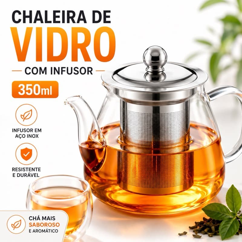 Chaleira de Vidro 350ml com Infusor em Aço Inox para Chá e Café Resistente ao Calor