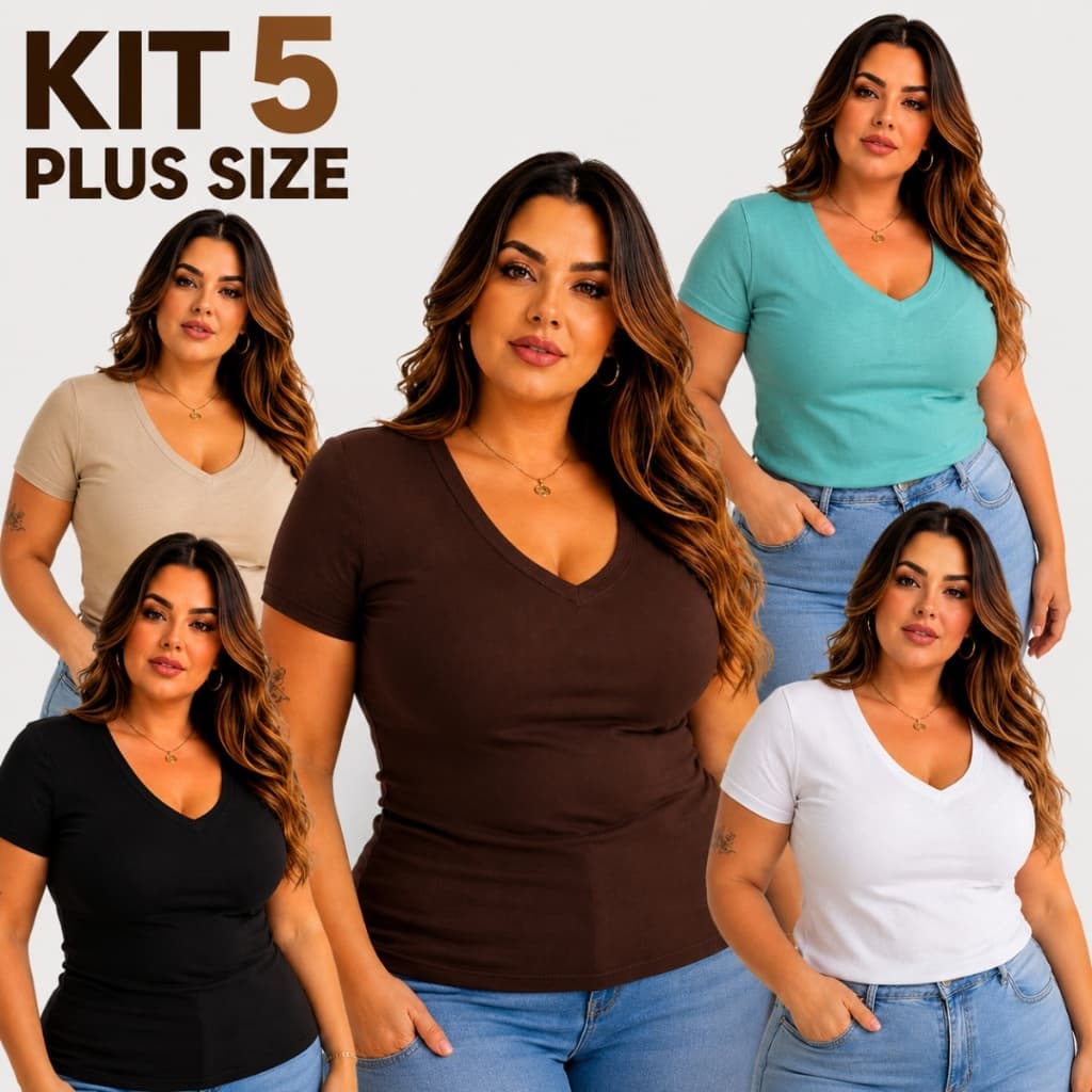 Kit 5 Camisas Plus Size Feminina Gola V Viscolaycra Básica Dia a Dia G1 G2 G3
