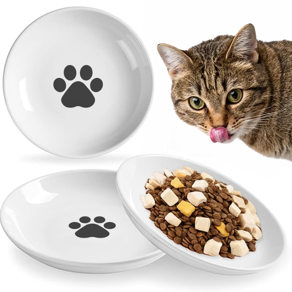 3pcs Tigela de cerâmica com estampa simples para pet Tigela Artesanal Prato e Pote de ração para Gato