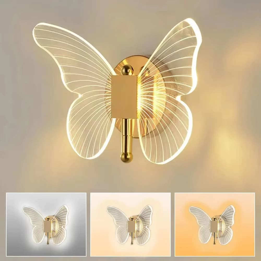 Luminária Borboleta LED Arandela de Parede 3 Tons de Luz Dourada, Iluminação Decorativa para Ambientes Internos