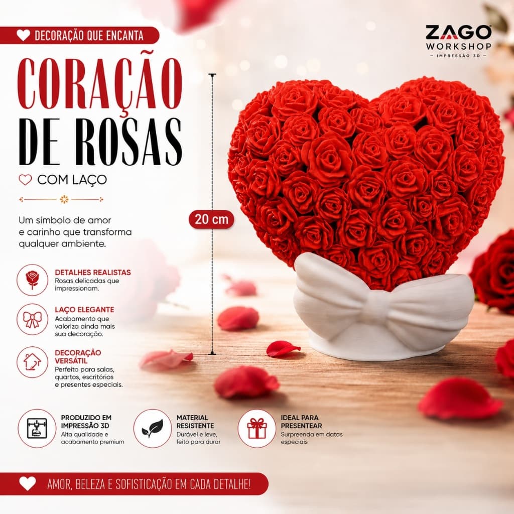 ❤️ Coração de Rosas com Laço – Decoração Romântica em Impressão 3D | 20 cm
