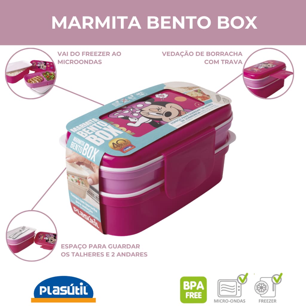 Bento Box Lancheira / Marmita com Porta Talheres divisórias com trava Minnie Rosa Plasútil