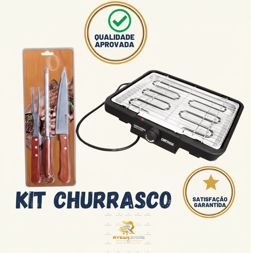 Kit Churrasco Sem Fumaça+Jogo de Faca Garfo e Chaira Profissional inox Para o dia dos pais presente