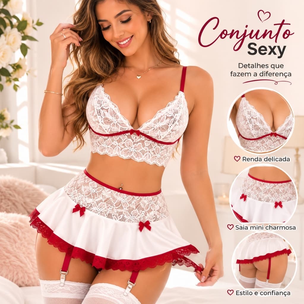 Conjunto Fantasia de Empregada  Mini Saia Renda Feminina Cosplay Festa Temática