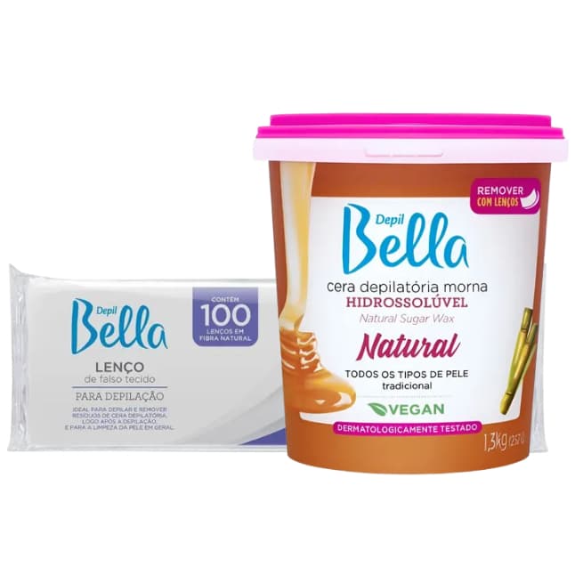 Kit Depil Bella Cera Depilatória Hidrossolúvel Natural 1,3Kg com Folhas Depilatórias 100 UN