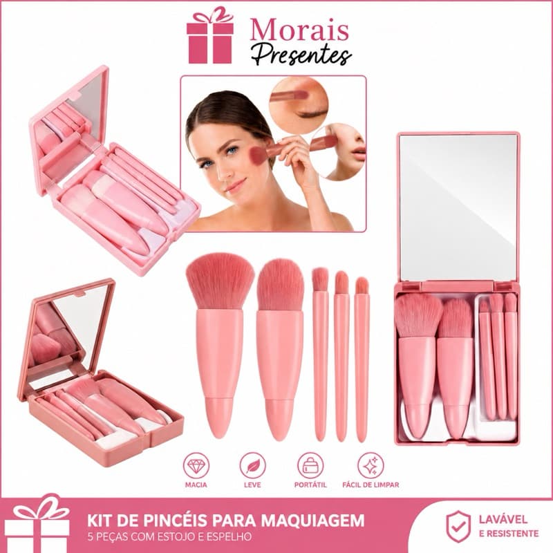 Kit Pincéis de Maquiagem B-MAX 5 Peças com Estojo Compacto e Espelho Portátil Rosa